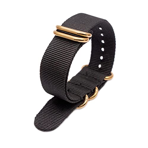 Nato Nylon Uhrenarmband 18mm 20mm 22mm 24mm mit Gold Edelstahl 5 Ringe Schnalle Uhrenzubehör, Schwarz, 18mm von Stevenurr