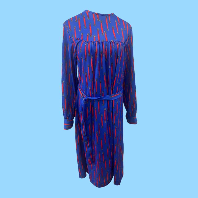 Vintage 1970's Arlene Andrews Blau Rotes Horsebit Muster Midi Kleid Med - L von StevesVintageClothes