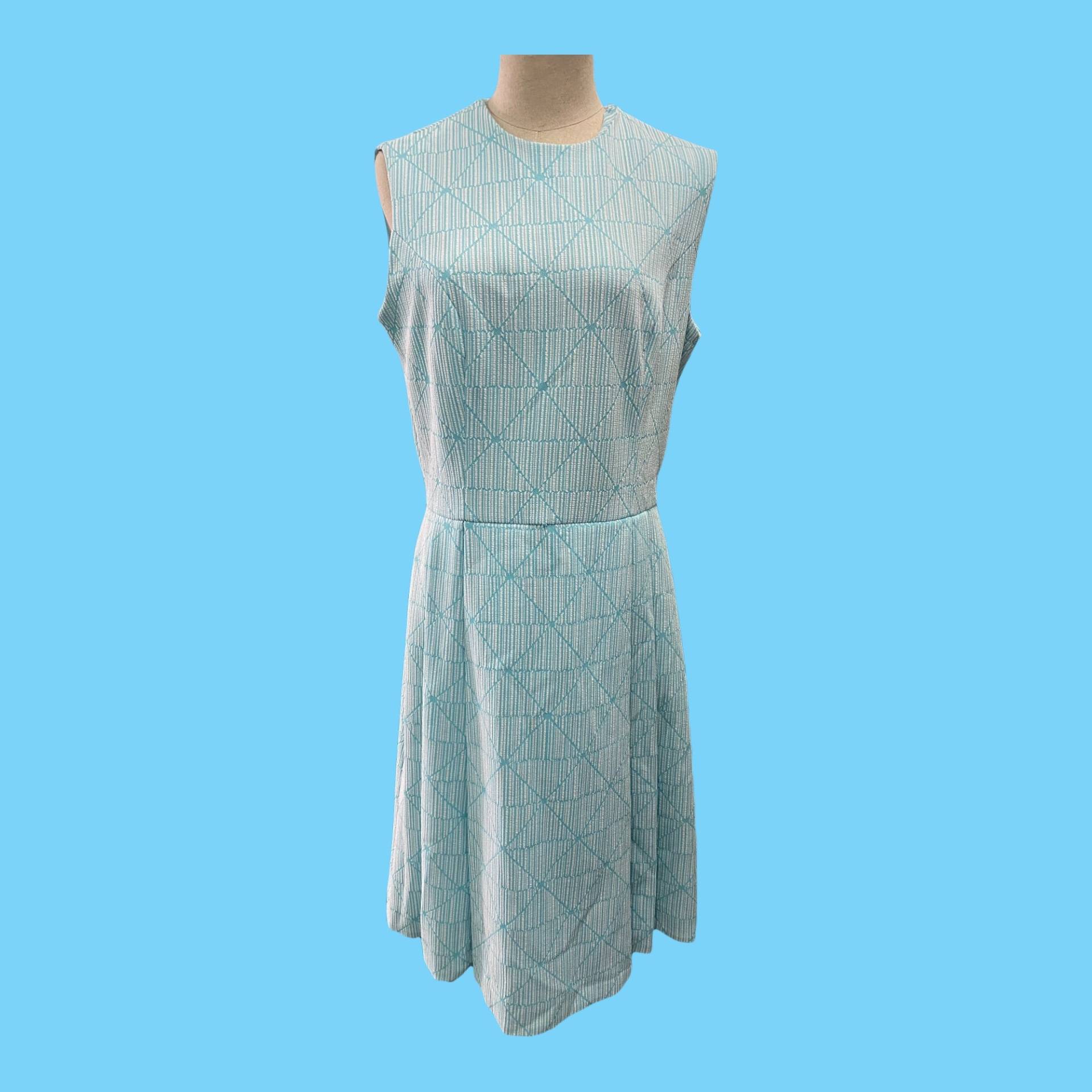 Vintage 70Er Jahre Retro Aqua & Weiß Ärmelloses Sommerkleid Größe 16 Mod Abstraktes Muster von StevesVintageClothes