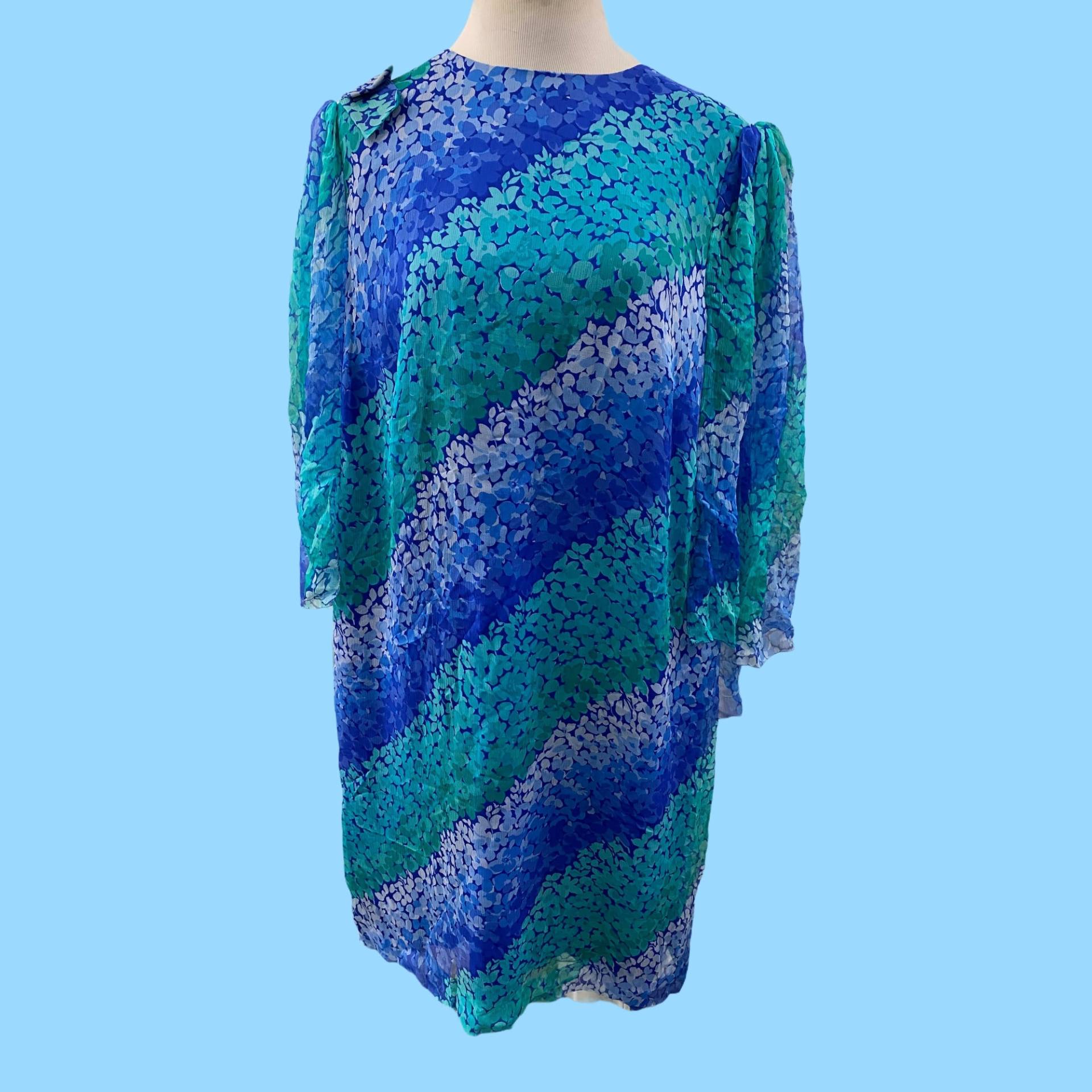 Vintage Blau & Grün Mod Seide Sommerkleid Von Simonetta Paris Größe Large von StevesVintageClothes
