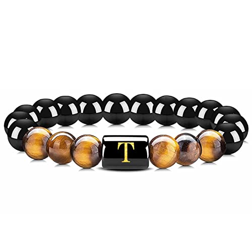 Armbänder Mädchen, Buchstaben Armband Damen Tigerauge Obsidian Schwarz Initiale T-Mode mit Perlen 16.7cm Kristall Chakra Herren von Stfery