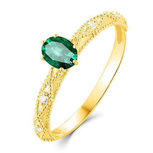 Stfery 18K Gelbgold Ring Damen, Verlobungsring mit Smaragd in Ovalschliff, Diamantring Echtgold Schmuck, Gr.54 (17.2) von Stfery