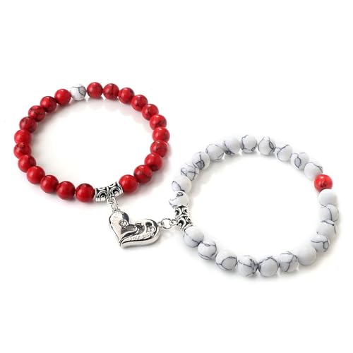 Stfery 2-Teiliges Set Elastisch Armband für Frauen Türkis Armband Damen 8mm Schwarz Weiß Rot Türkis Armband Mit Herz von Stfery
