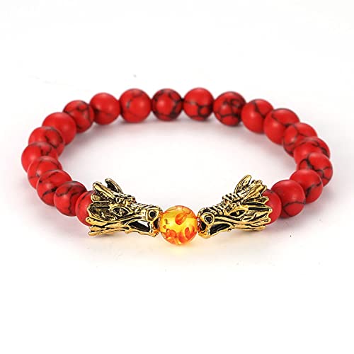 Stfery Armband Geschenke Mädchen, Armbänder Herren Drache Zirkonia Rot 8 mm Doppeldrachen-Stretch 19cm Perle Chakra Damen Schmuck von Stfery