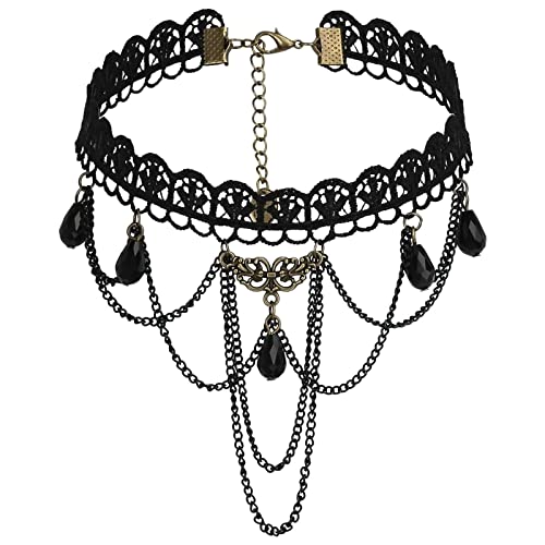 Stfery Choker Halsband mit Kette, Choker Halsband Punk Schmuck Spitze Edelstahl Perlen Quaste Cosplay Gothic Schwarzes Gold 32CM von Stfery