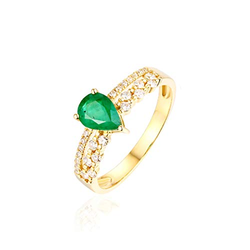 Stfery Gelbgold 18K Ring Damen, Eheringe mit Smaragd in Tropfenschliff, Diamantring Echt Schmuck, Gr.54 (17.2) von Stfery