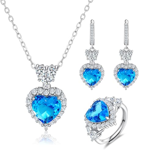 Stfery Schmuck Set Damen, Herz Halskette Ringe Ohrringe Und Kette Set Schmucksets Für Damen Weiß Vergoldet Blauer Kristall von Stfery