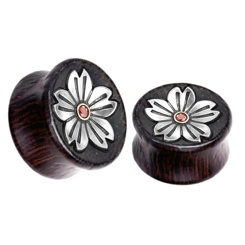 Stfery Ohr Plug 10mm, 2 Pcs Piercing Tunnel Holz Braun Vintage Blume Mit Rot Zirkonia Ohrringe Herren Tunnel von Stfery