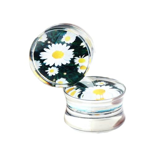 Stfery Plugs 10mm, 2 Stück Ear Tunnel Acrylic Set Weiß Mit Chrysantheme Blume Muster Ohrringe Plugs Damen von Stfery