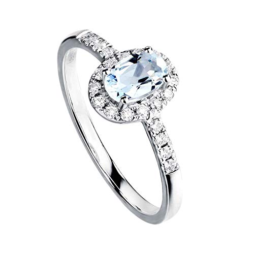 Stfery Ring 18 Karat Au750 Weiß Gold Damen, Eheringe mit Aquamarin Blau in Ovalschliff, Diamantring Echt Goldschmuck, Gr.51 (16.2) von Stfery