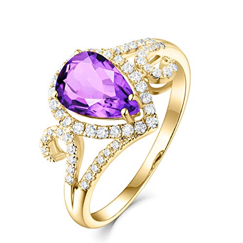Stfery Ring 18K Gelbgold Au750 Damen, Eheringe mit Amethyst Lila in Tropfenschliff, Diamantring Echte Goldschmuck, Gr.57 (18.1) von Stfery