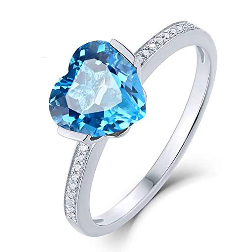 Stfery Ring 18K Weiß Gold Damen, Herz Eheringe mit Topas Blau, Diamantring Echtschmuck, Gr.56 (17.8) von Stfery