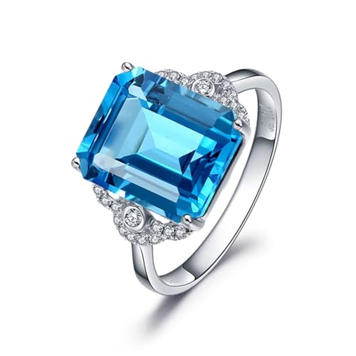 Stfery Ring 18K Weißgold Au750 Damen, Rechtecke Eheringe mit Topas Blau in Quadratschliff, Diamantring Echt Schmuck, Gr.61 (19.4) von Stfery