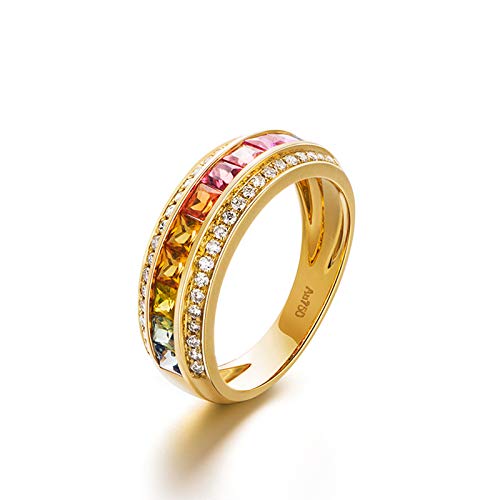 Stfery Ring Gelbgold 18 Karat Damen, Verlobungsring mit Farbenfroher Saphir in Quadratschliff, Diamantring Echter Schmuck, Gr.57 (18.1) von Stfery