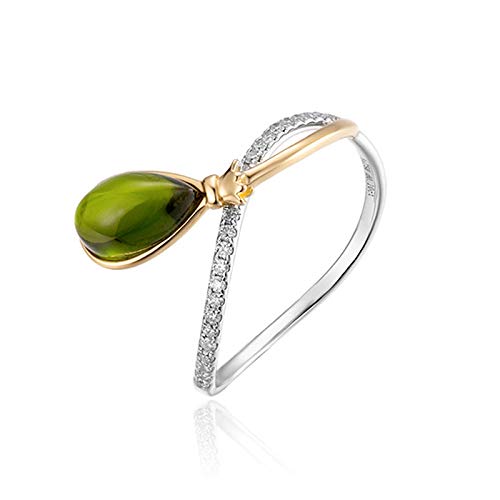 Stfery Ring Gold 18K Damen, Eheringe mit Turmalin Hell olivgrün in Tropfenschliff, Diamantring Echt Gold, Gr.54 (17.2) von Stfery