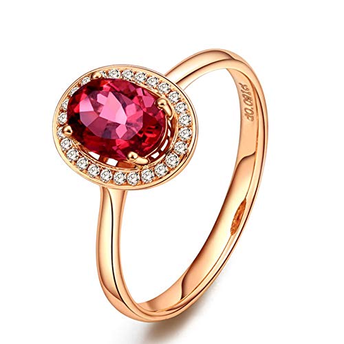 Stfery Rotgold 18K Ring Damen, Eheringe mit Turmalin Rot in Ovalschliff, Diamantring Echte Goldschmuck, Gr.58 (18.5) von Stfery