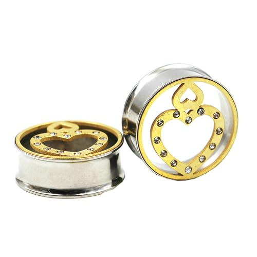 Stfery Tunnel 10mm, 2 Stück Tunnel Set Chirurgenstahl Silber Gold Hohl Herz Mit Zirkonia Damen Ohrringe Tunnel von Stfery