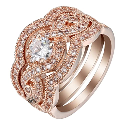 Stfery Verlobungsring Damen Krone, Hochzeitsringe Rosegold 3Er Set 52 Zirkonia Modeschmuck Cocktail Party Elegant Geschenk von Stfery