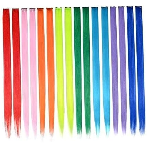Buntes Clip in Haarverlängerung, Regenbogenhaarstück für Mädchen Prinzessin Party Highlight farbig gerade Haarextensionen Clip in Kostümen Haarstück für Mädchen, 20 Zoll 16 PCs 8 Farben von Stibzeup