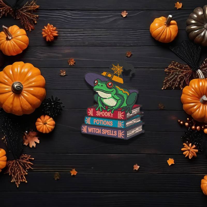 Hexenfrosch Aufnäher - Frosch Mit Hexenhut Und Zauberbüchern Bestickter Patch, 9 cm von Stichfee