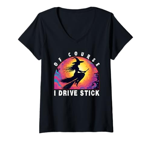 Damen Natürlich fahre ich Stick, Witches Brookstick Lustiges Halloween T-Shirt mit V-Ausschnitt Damen Natürlich fahre ich Stick, Witches Brookstick Lustiges Halloween T-Shirt mit V-Ausschnitt von Stick Witch Way Did She Go
