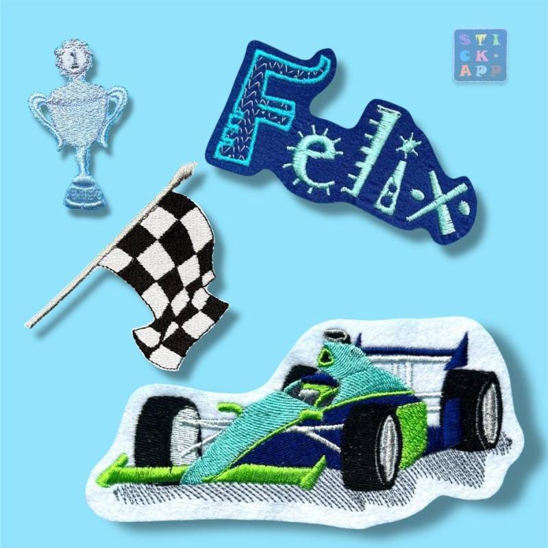 Spar-Paket Rennwagen Mit Wunschname - Stickappliaktionen 2 Größen Farben Individualisierbar von StickApp