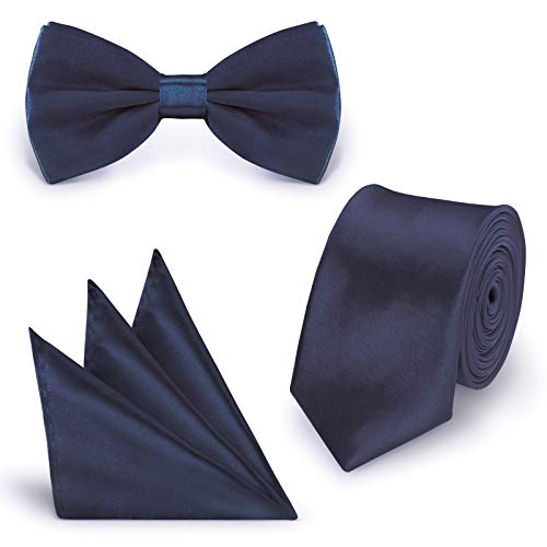 StickandShine SET Krawatte Fliege Einstecktuch Dunkelblau einfarbig uni aus Polyester von StickandShine