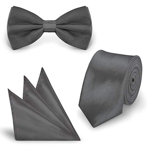 StickandShine SET Krawatte Fliege Einstecktuch Dunkelgrau einfarbig uni aus Polyester von StickandShine