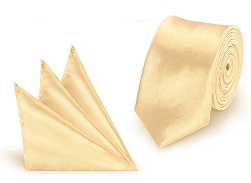 2 in 1 SET hochwertige Satin Polyester Krawatte + Einstecktuch Hellgold slim 5 cm Breite und 148 cm Länge von StickandShine