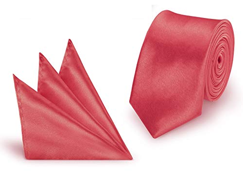 StickandShine Krawatte + Einstecktuch Lachs slim aus Polyester einfarbig uni schmale 5 cm von StickandShine