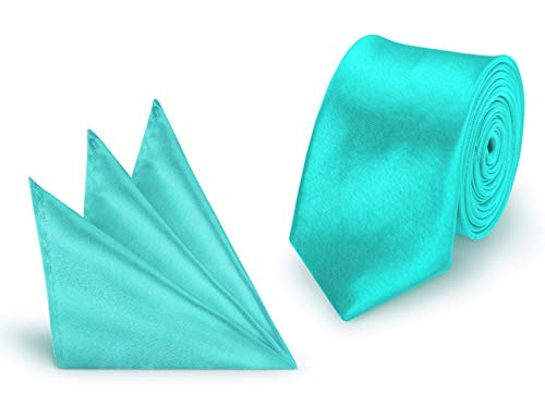 StickandShine Krawatte + Einstecktuch Türkis slim aus Polyester einfarbig uni schmale 5 cm von StickandShine