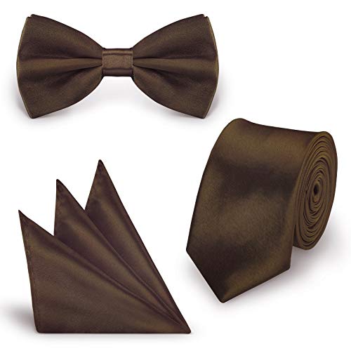 StickandShine SET Krawatte Fliege Einstecktuch Braun einfarbig uni aus Polyester von StickandShine