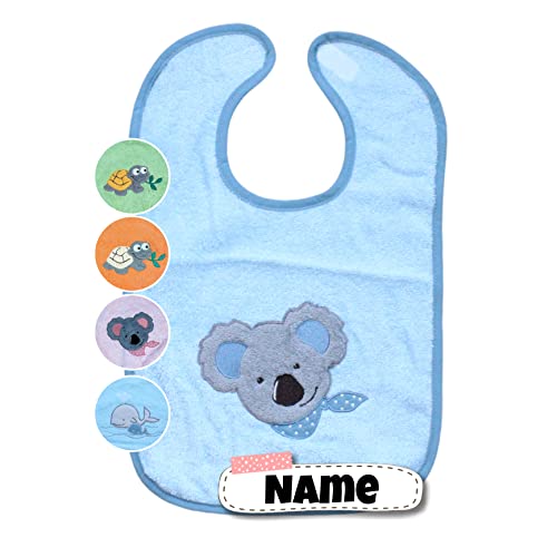 Baby Lätzchen mit Klettverschluss | 100% Bio Baumwolle | bestickt mit Namen | Riesen Lätzchen | Baby Latz | personalisiert | Spucktücher (Koala Eisblau) von Stickling