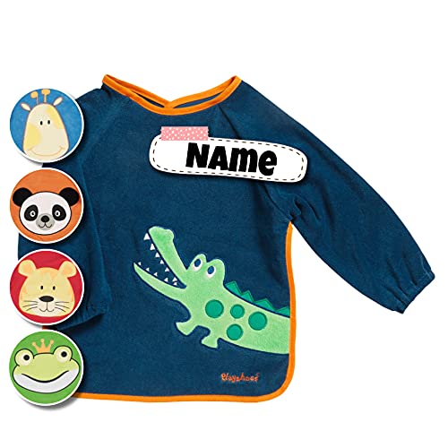 Langarm Lätzchen bestickt mit Namen, personalisiert, Spucktuch Baby mit Ärmel | Baby Erstausstattung (Navy - Kroko) von Stickling