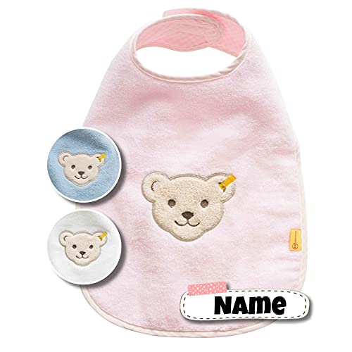 Steiff Lätzchen Baby mit Klettverschluss | personalisiert | Steiff Latz | Baby Latz | bestickt mit Namen | personalisiert | Spucktuch Baby | Baby Erstausstattung (Pastellrosa) von Stickling