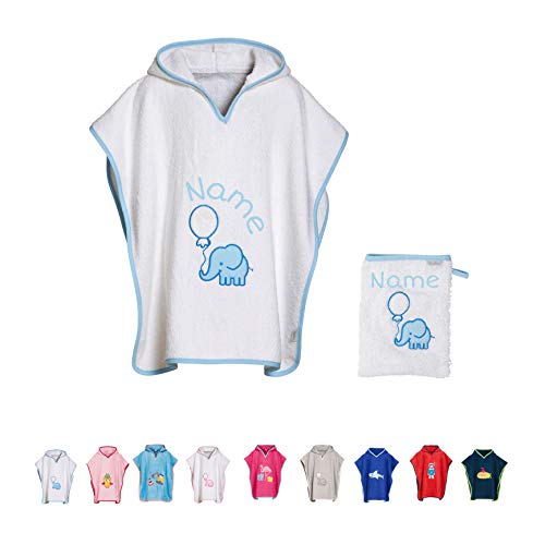 Stickling SET Kinder Badetuch Poncho und Waschhandschuh Waschlappen bestickt | personalisiert mit Namen | Baby Kapuze Bademantel | Robe | Baumwolle (hellblauer Elefant S) von Stickling