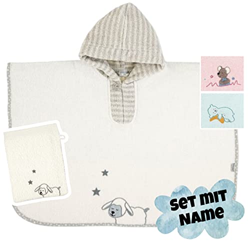 Stickling STERNTALER Badeponcho mit Waschhandschuh & Name personalisiert | bestickt | Kapuzenbadetuch Kinder | Kapuzenhandtuch | Badetuch mit Kapuze | bis 5 Jahre (Stanley Schaf ecru) von Stickling