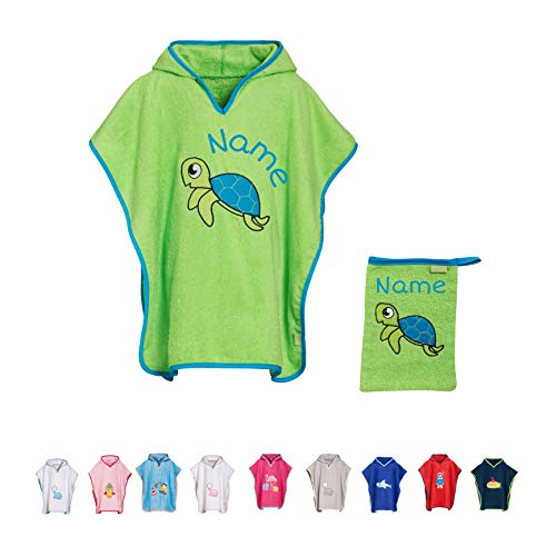Stickling SET Kinder Badetuch Poncho und Waschhandschuh Waschlappen bestickt | personalisiert mit Namen | Baby Kapuze Bademantel | Robe | Baumwolle (grüne Schildkröte S) von Stickling