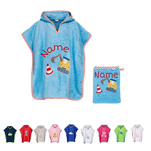 Stickling SET Kinder Badetuch Poncho und Waschhandschuh Waschlappen bestickt | personalisiert mit Namen | Baby Kapuze Bademantel | Robe | Baumwolle (hellblauer Bagger S) von Stickling