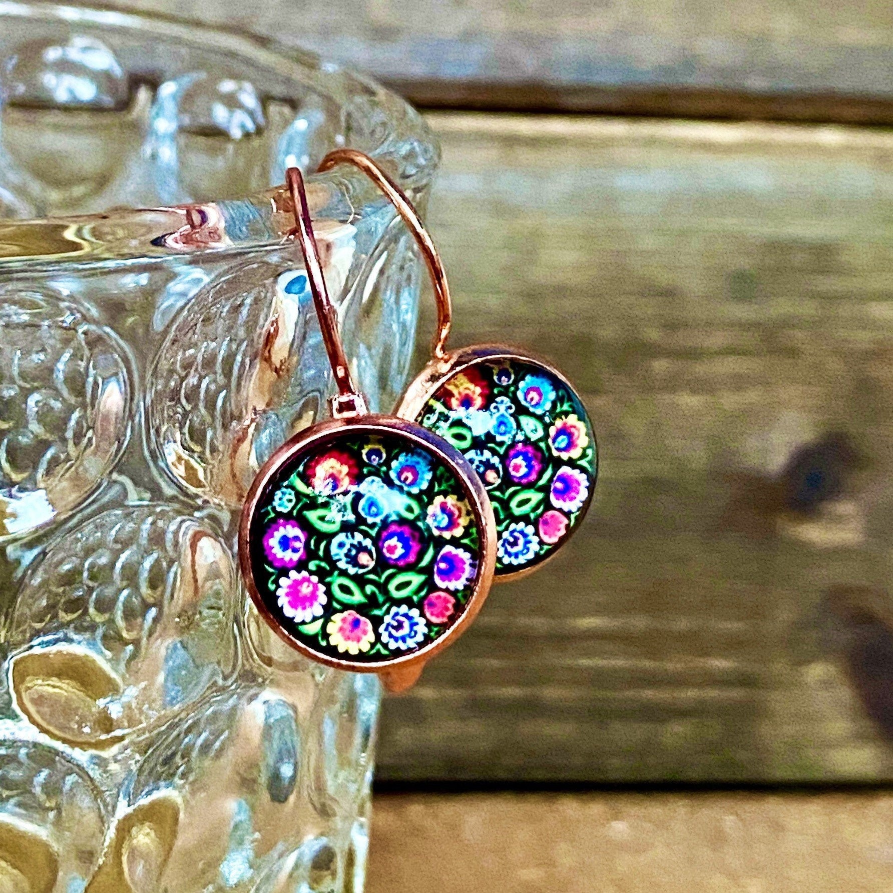 Lebendige Bunte Florale Brisuren, Rose Gold, 12mm, Glas Bild, Brisur, Baumeln, Blätter, Blütenblätter, & Blumen Foto Ohrringe, Tropfen von SticksnStonesCoByKat