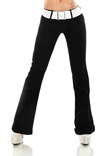 Damen Hüft Bootcut Jeans Hose Schlag Flarecut Stretch Denim Umschlagsaum Gürtel (as3, Alpha, l, Regular, Regular, Schwarz/381-2) von STIDIA