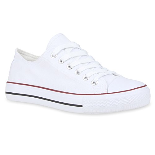 stiefelparadies Damen Schuhe Sneakers Sportschuhe Freizeit Schuhe Schnürer 105829 Weiss Rotstreifen 37 Flandell von stiefelparadies