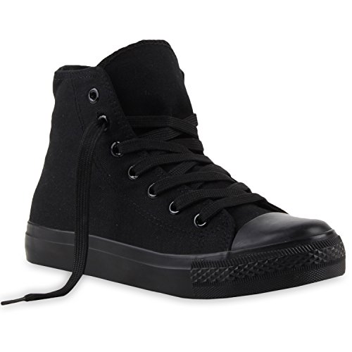 stiefelparadies Damen Sneakers Denim Stoff Spitze Sneaker Low Nieten Glitzer Freizeit Damen Turn Schuhe 112220 Schwarz-Schwarz 37 Flandell von stiefelparadies