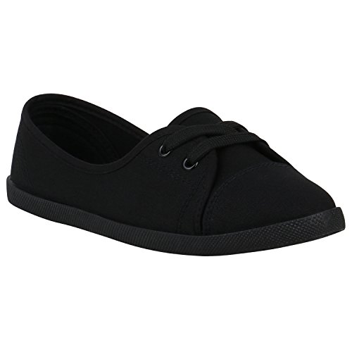 stiefelparadies Damen Sneakers Bequeme Slipper Lochung Ballerinas Camouflage Denim Schnürer Gesteppt Spitze Flats Schuhe 113637 Schwarz Schwarz 37 Flandell von stiefelparadies