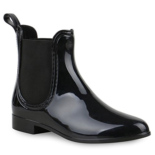 Damen Stiefeletten Chelsea Boots Gummistiefeletten Lack Gummistiefel Regen Schuhe 121284 Schwarz Schwarz 36 Flandell von susurrus