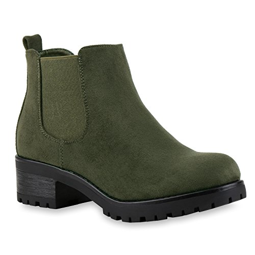 Stiefeletten Damen Chelsea Boots Profilsohle Blockabsatz Leder-Optik Booties Schuhe 121343 Dunkelgrün Bernice 37 Flandell von stiefelparadies