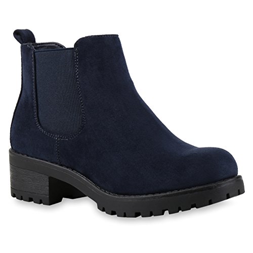 Stiefeletten Damen Chelsea Boots Profilsohle Blockabsatz Leder-Optik Booties Schuhe 121345 Dunkelblau Bernice 36 Flandell von stiefelparadies