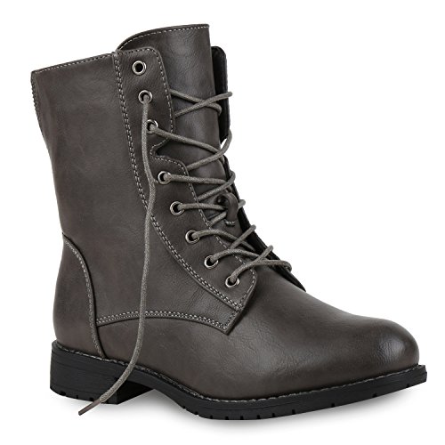 Damen Schnürstiefeletten Profilsohle Boots Camouflage Stiefeletten Leder-Optik Schnür Übergrößen Schuhe 121965 Grau Camargo 37 Flandell von stiefelparadies