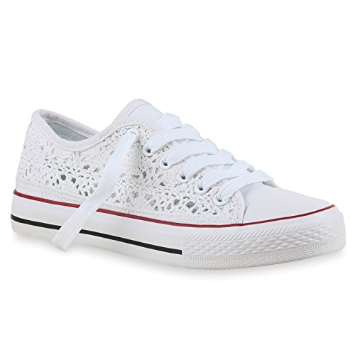 stiefelparadies Damen Sneakers Spitze Denim Sport Strass Stoff Blumen Prints Textil Sneaker Low Schuhe 131693 Weiß Spitze 36 Flandell von stiefelparadies
