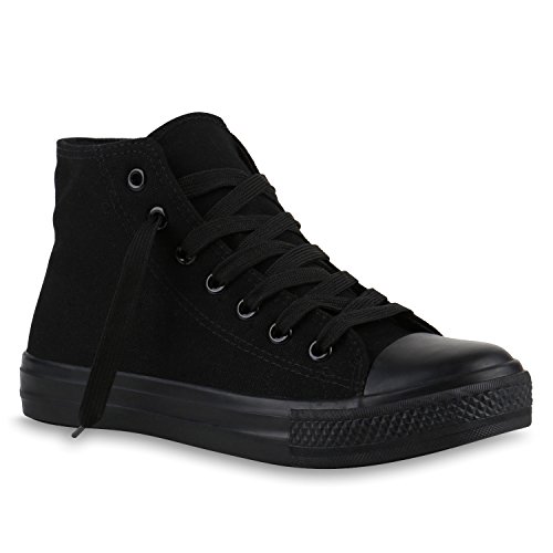 Stiefelparadies Damen Sneakers High Top Sportschuhe Stoffschuhe Freizeit Schnürer 140023 Schwarz Schwarz 37 Flandell von stiefelparadies